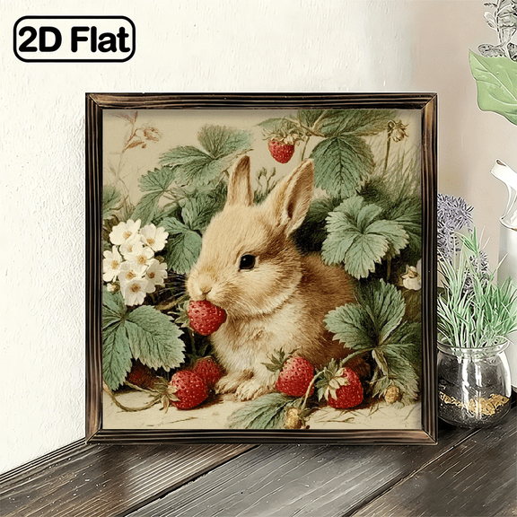 Rabbit in Strawberries Wood Framed Wall - Rustic Farmhouse Bunny Painting Suitable for Easter, Spring Decor, Country Rabbit Picture, Perfect Gift for Room or Bathroom Door Sign, 8x8 Inc