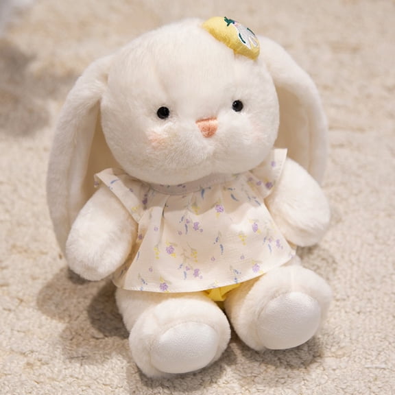 Rabbit Stuffed Animal, Stuffed Bunny Rabbit, 8 In, Green Satin Ribbon, Lace Trim, Plush, Toddler Toy, Bedroom Display, Pale Cream, 1 Pc