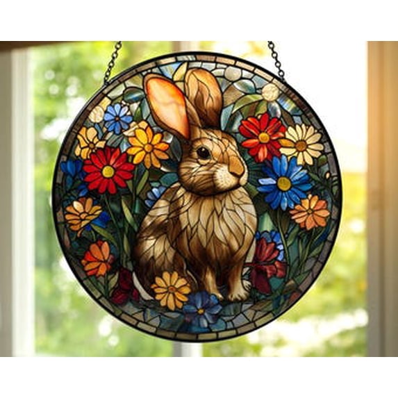 Rabbit Suncatcher Window Decor, Easter Bunny Hanging Ornament, Floral Spring Window Art, Colorful Sun Catcher, Easter Basket Decor, 7.9 in