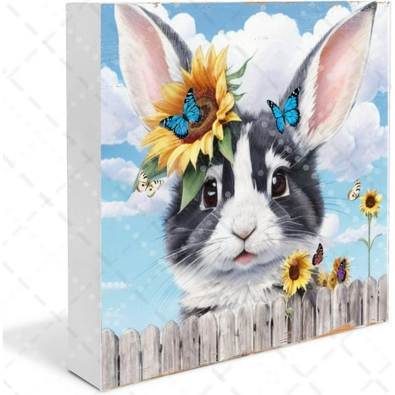 Rabbit With Sunflower Easter Wood Box Sign Desk Decor For For Boys And Girls Woodland Nursery Decor Bunny Wooden Block Box Sign Decoration For Home Office Shelf Table Decor 5"x5"