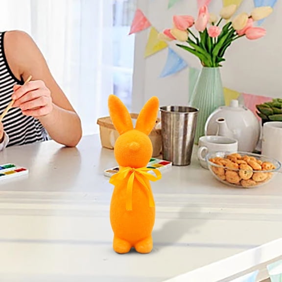 Rabbit Sway Flocked Orange Color Rabbit Statue with Bow Easter Bunny Simulation Knot for Home Garden Courtyard Decoration(1Pcs) Rkxzt