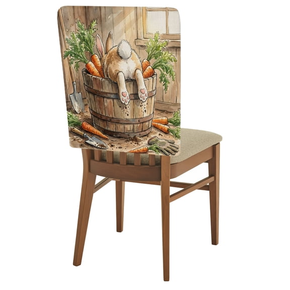 Rabbit Tail Chair Back Covers Set of 1 Wooden Barrel Carrots Whimsical Rustic Removable Dining Chair Slipcovers Washable Seat Protector for Restaurant Party Banquet Kichen Decor