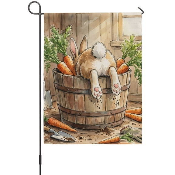 Rabbit Tail House Flag 28 x 40 Inches, Wooden Barrel Carrots Whimsical Rustic Weather Proof Outdoor Patio Flags Double Sided Small House Decoration for Yard Lawn Outside Home
