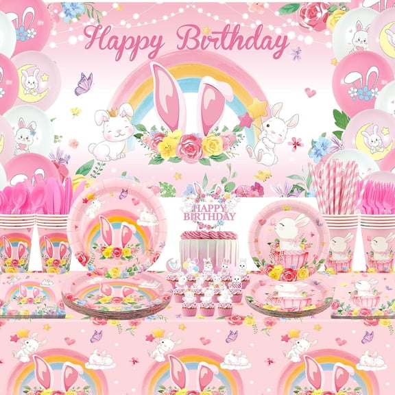 Rabbit Theme Birthday Party Decoration Set, 20-Guest Tableware Kit With Backdrop, Plates, Cups, Napkins, Tablecloth, And Balloons, Multicolor