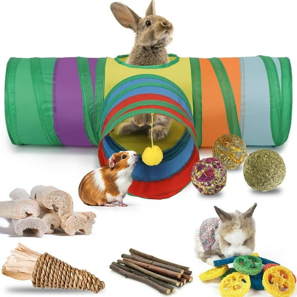 Rabbit Toys, Bunny Tunnels and Tubes with Chew Toys for Rabbit Guinea Pig Chinchilla Ferret Rat