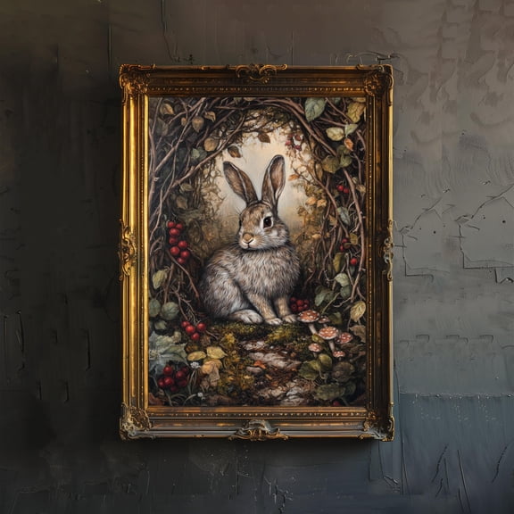 Rabbit Under Bramble Archway Art Print Cottagecore Woodland Wildlife Decor Whimsical Forest Animal Wall Art