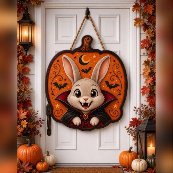 Rabbit Vampire Pumpkin Wooden Door Sign for Halloween Front Porch Welcome
