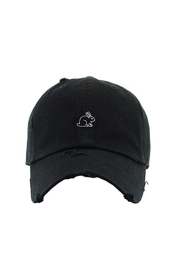 Rabbit Vintage Baseball Cap Embroidered Cotton Adjustable Distressed Dad Hat Black