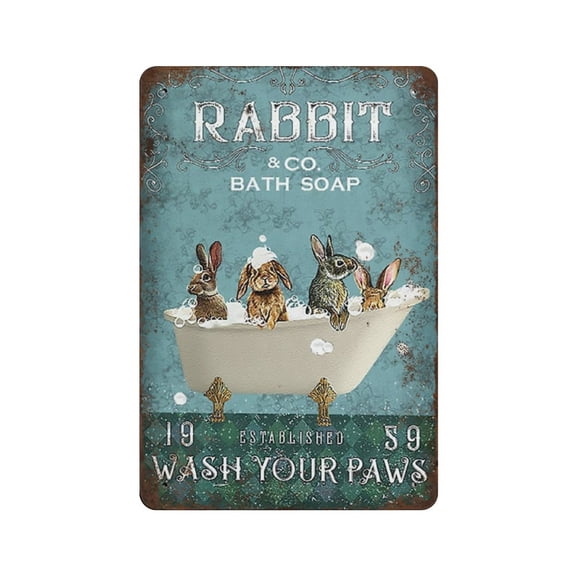 Rabbit Wash Your Paws tin sign, Co. Bath Soap tin sign, Rabbit tin sign, Funny Rabbit Art, Bathroom Print, Animal Bathroom Art,Retro style, farmhouse, bar,garage, tin sign 8x12 inches