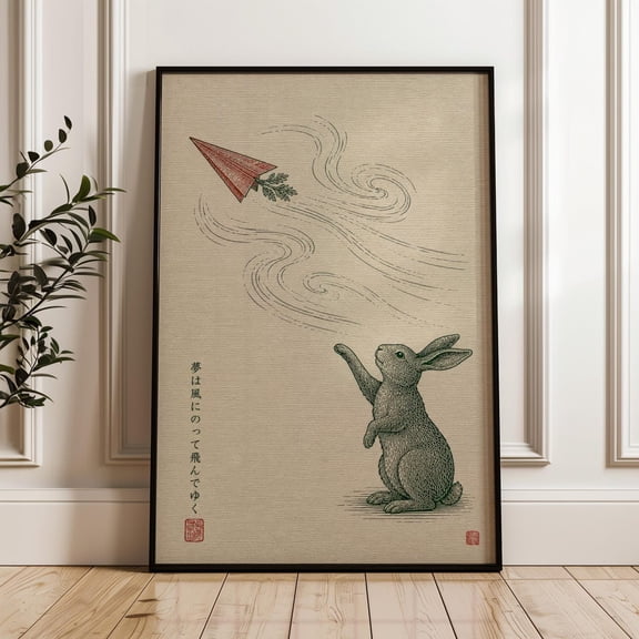 Rabbit Watching Airplane Asian Inspired Woodblock Poster