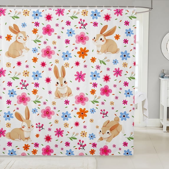 Rabbit Waterproof Bathroom Curtain Pink Flower Floral Bath Curtain, Colorful Blossoms Shower Curtain Kawaii Bunnies Bathroom Curtains, Woodland Wildlife Animal Shower Set