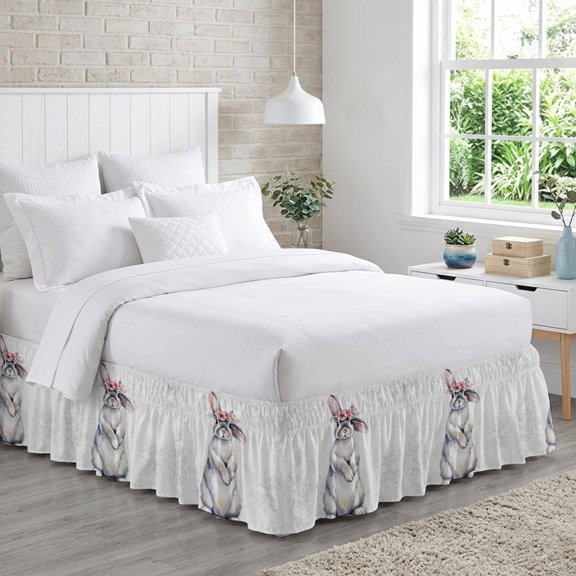 Rabbit Wearing A Flower Wreath Bed Skirt Queen Size 18 Inch Drop, Flower Animal Bunny Adjustable Elastic Dust Ruffles Bedskirt for Queen Bed Wrap Around Pleated Mattress Frame Cover
