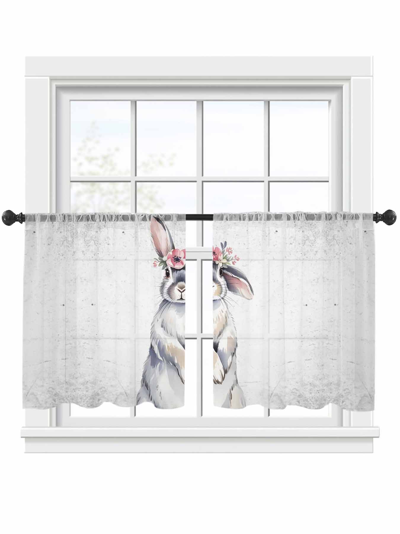 Rabbit Wearing A Flower Wreath Sheer Curtains 2 Panels Set Flower ...