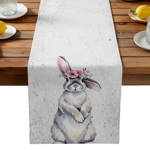 Rabbit Wearing A Flower Wreath Table Runner, Flower Animal Bunny Washable Kitchen Table Runners Dress Scarves for Dining Table Decorations Party, 13x108in