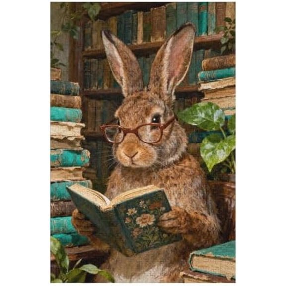 The Rabbit Wearing Glasses Puzzles for Adults 500 Pieces, Retro Library Artwork, Cute Bunny Reading Scene, Fun Family Activity, Relaxing DIY Puzzle, for Animal Lovers