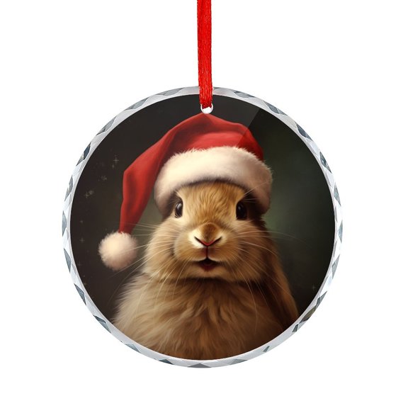 Rabbit Wearing A Santa Hat Christmas Ornament Lovely Animals Glass Round Christmas Ornament Hanging Craft Collectibles for Xmas Trees Home Party Gifts