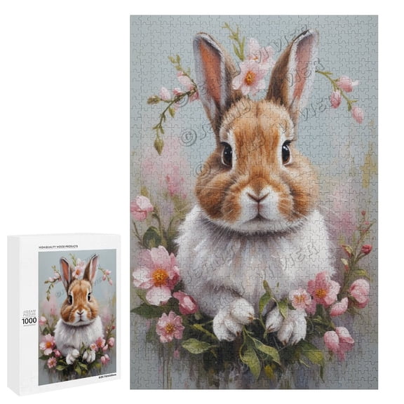 Rabbit With Flower Oil Painting 500-Piece Puzzle for Adults - A Fun and Relaxing Way to Celebrate Your Love for Rabbits,Wooden