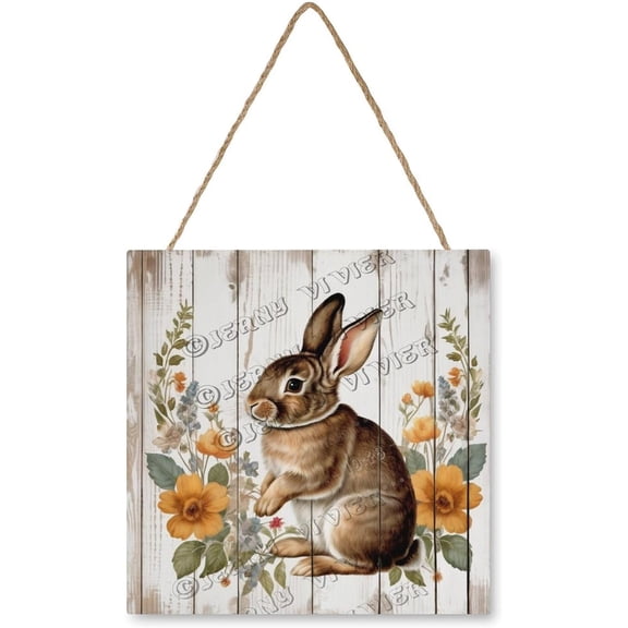 Rabbit Wooden Hanging Sign Easter Bunny Decor Rabbit Lovers Gift Shabby Chic Wooden Wall Hangings Rustic Farmhouse Decorations for Home Kitchen Bedroom Cafes Bar Sign 12x12 Inches