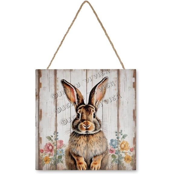 Rabbit Wooden Hanging Sign Easter Bunny Decor Rabbit Lovers Gift Spring Decor Rustic Farmhouse Decorations for Home Kitchen Bedroom Cafes Bar Sign 12x12 Inches