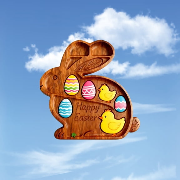 Rabbit Wooden Serving Platter, Easter Decor Must-Have, 20in, Bunny Plate, Rustic Decorative Salad Plates Wood Charcuterie Tray, with Printing Design, for Dinner Dessert Appetizer Candy