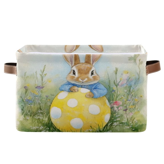 Rabbit and Yellow Easter Eggs Foldable Storage Basket,Canvas Fabric Foldable Storage Bins with Handles Open Home Storage Bins Boxes for Toy Book Shelf Closet Baskets