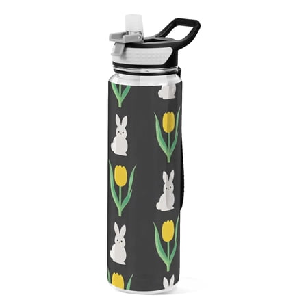 Rabbit Yellow Tulip Pattern Sport Water Bottle Tritan with Straw 1000ml Portable for Outdoor Daily Use