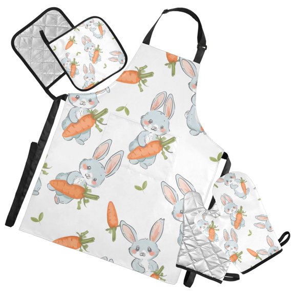 Rabbit and Carrot 5 Pcs Kitchen Set Heat Resistant Oven Mitts and Non-Slip Pot Holders with Adjustable Cooking Apron