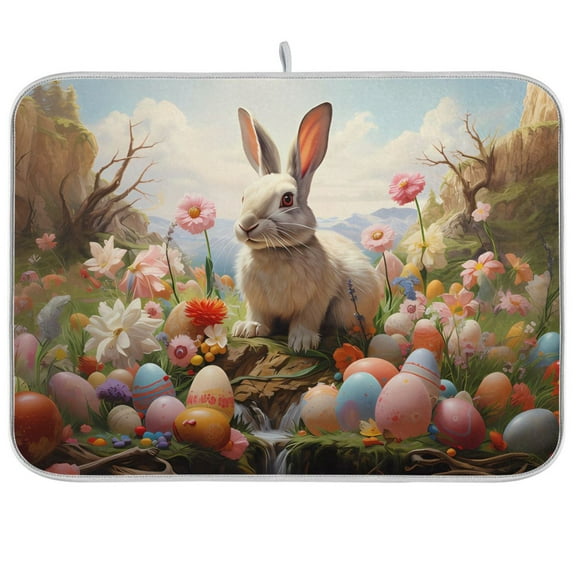 Rabbit and Eggs Dish Drying Mat Microfiber Kitchen Pad Large Counter Absorbent Dish Mats Drainer Rack 16"x18"