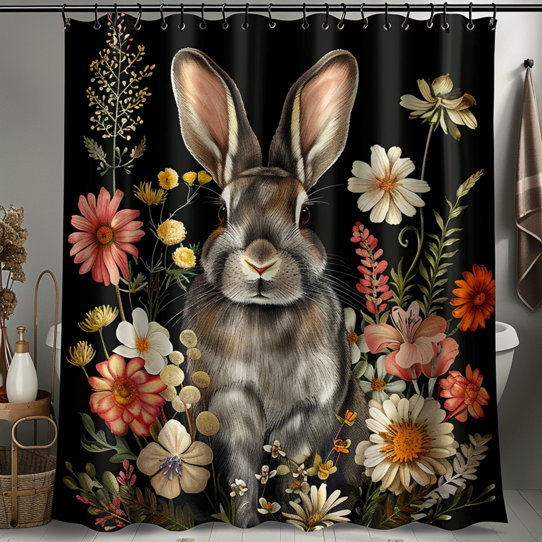 Rabbit and Flower Shower Curtain with Black Background Bathroom Curtain ...