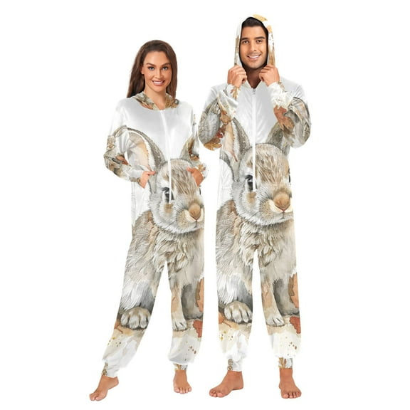 Rabbit and Leaves Adult Onesie Pajamas Slim Fit Christmas One Piece Suit Pjs for Women and Men Hooded Zipper