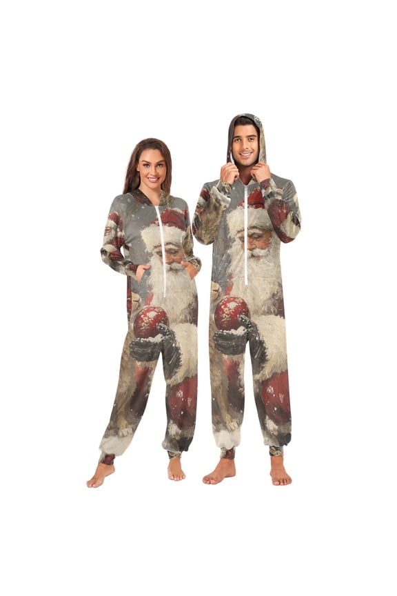 Rabbit and Santa Claus Adult Onesie Pajamas Slim Fit Christmas One Piece Suit Pjs for Women and Men Hooded Zipper