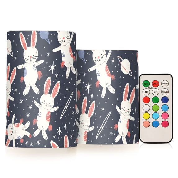 Rabbit and Universe Flameless LED Candle Set with Remote, Battery Operated Color Changing Pillar Candles, Set of 2