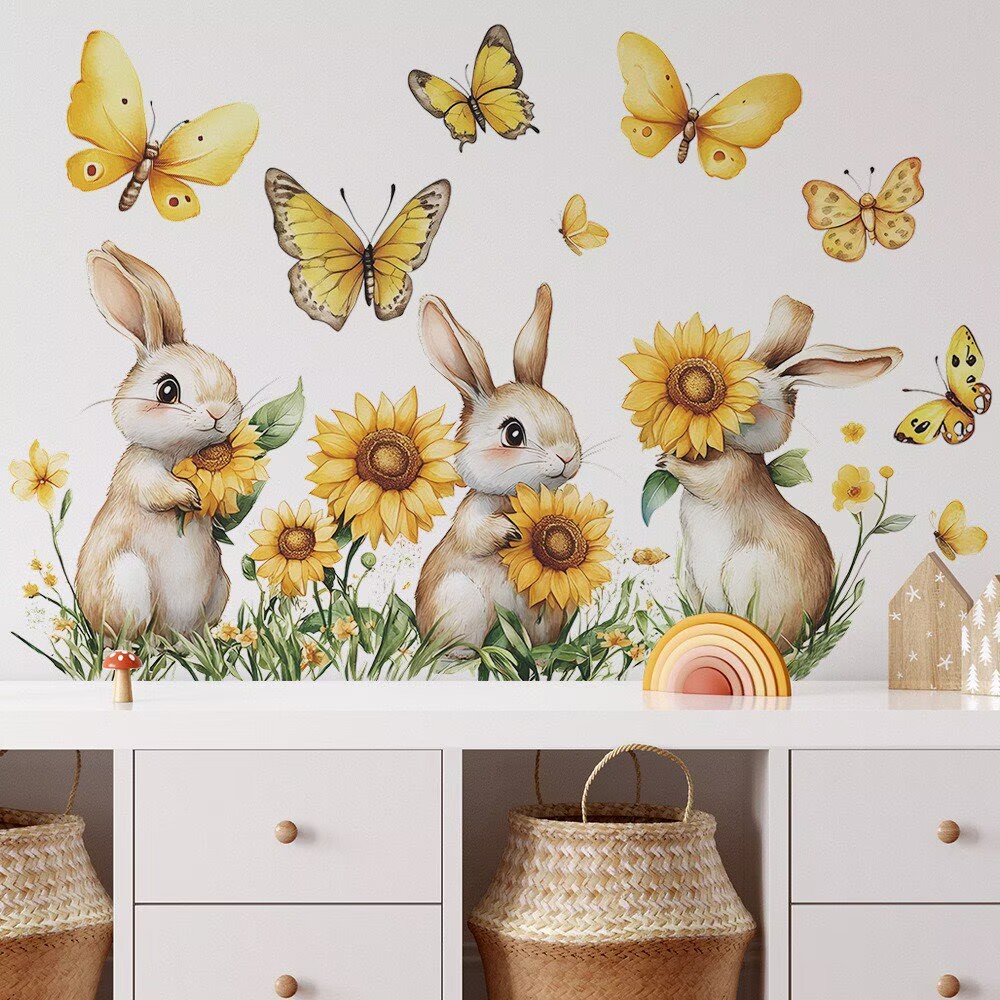 Rabbit and sunflower stickers, flower stickers, sunflowers Peel and Stick Wall Art Decals for Kids Bedroom Baby Nursery