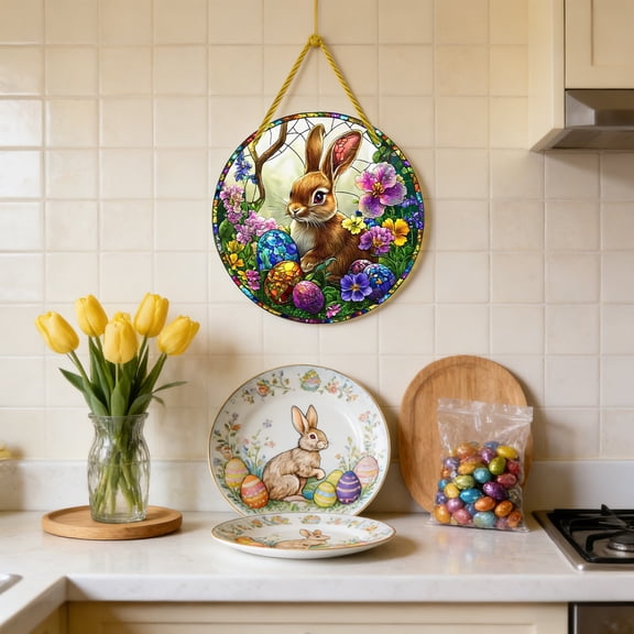 Rabbit in Flowers Front Door Sign,Easter Egg Decoration, Acrylic Spring Front Porch Decor for Home Wall, Suncatcher Ornaments Door Hanger 2D