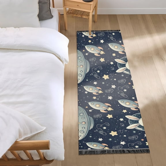 Rabbit in Ufo Runner Area Rug 2x6 Soft Non-Slip Washable Bedside Carpet for Hallway Bedroom Living Room Home Decor