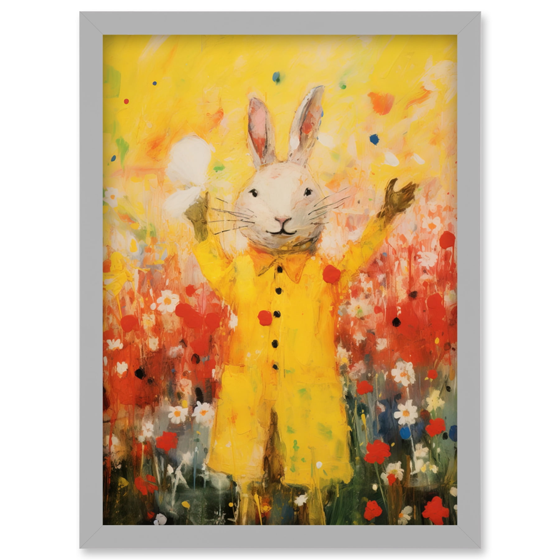 Rabbit in a Yellow Rain Mac Oil Painting Bright Floral Meadow Kids ...