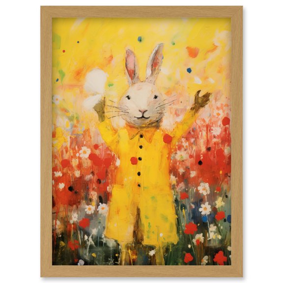 Rabbit in a Yellow Rain Mac Oil Painting Bright Floral Meadow Kids Bedroom Nursery Artwork Framed Wall Art Print A4
