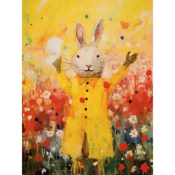 Rabbit in a Yellow Rain Mac Oil Painting Bright Floral Meadow Kids Bedroom Nursery Unframed Wall Art Print Poster Home Decor Premium