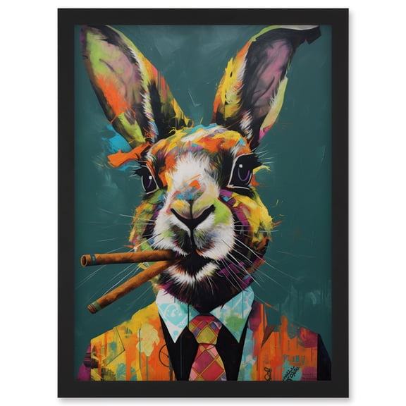 Rabbit with Cheroot Cigars Wearing Suit Modern Artwork Framed Wall Art Print A4