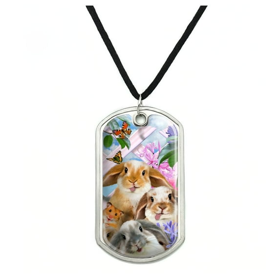 Rabbits Bunnies Hampster Backyard Flower Selfie Military Dog Tag Pendant Necklace with Cord