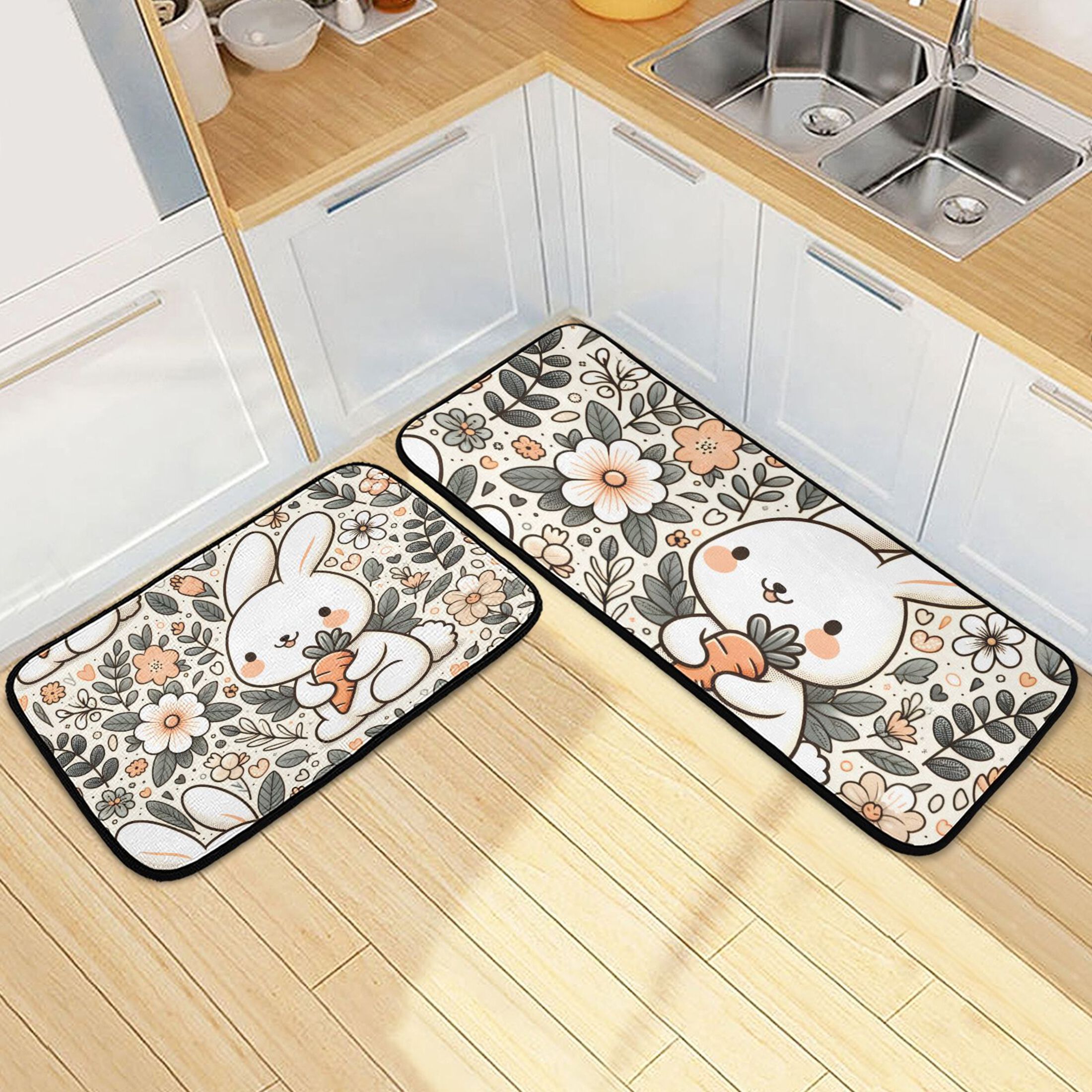 Rabbits Carrot and Floral Kitchen Rugs Set of 2 Non Slip Floor Foam Mat