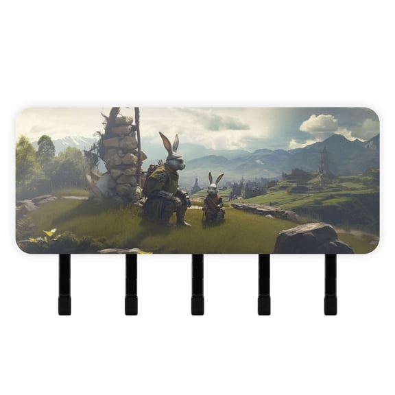 Rabbits Clouds Forest Trees Camping Mail Holder Organizer Wall Mount with Shelf Key Holder Key Rack with 5 Key Hooks for Wall Decorative