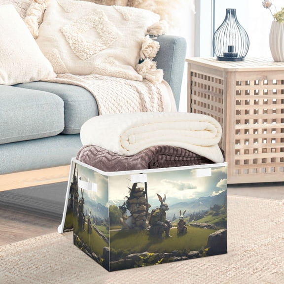 Rabbits Clouds Forest Trees Camping Storage Basket Foldable Laundry Basket Shelf Kids Toy Storage Container Organizer with Handles