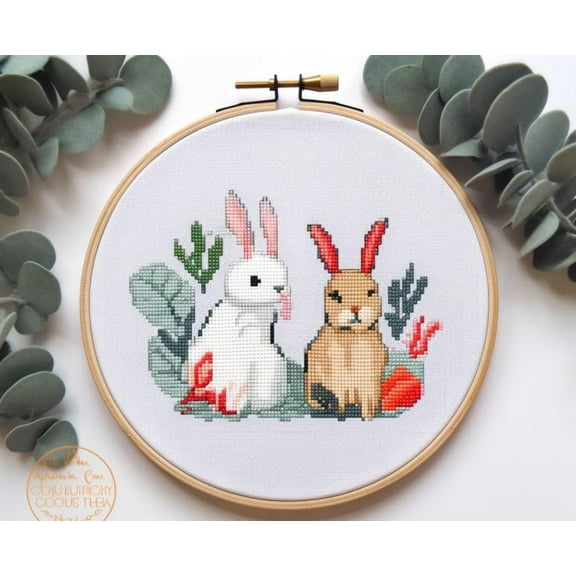 Rabbits Cross Stitch Kits with Hoop for Beginners Stamped Cross-Stitch Supplies Needlework DIY 11CT 3 Strands Cotton Thread Printed DIY Needlepoint Kits 3535cm (XU06)