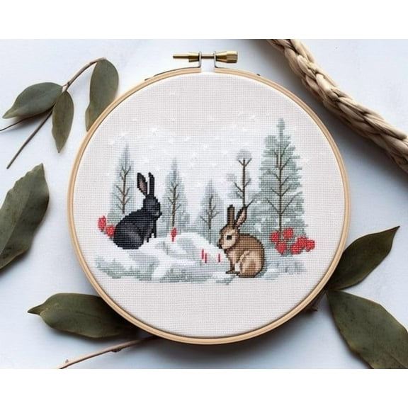 Rabbits Cross Stitch Kits with Hoop for Beginners Stamped Cross-Stitch Supplies Needlework DIY 11CT 3 Strands Cotton Thread Printed DIY Needlepoint Kits 3535cm (XU05)