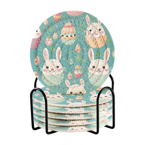 Rabbits Easter Eggs 6 Pcs Drink Coasters with Holder Absorbent Coasters Woven Coasters for Drinks Table Desk Protection Home Decor