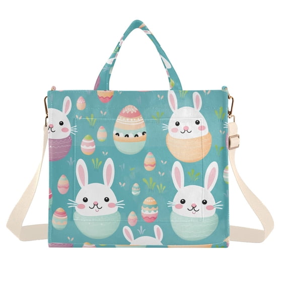 Rabbits Easter Eggs Corduroy Tote Bag Handbag Large Messenger Bag Shoulder Crossbody Zipper Bag Purse