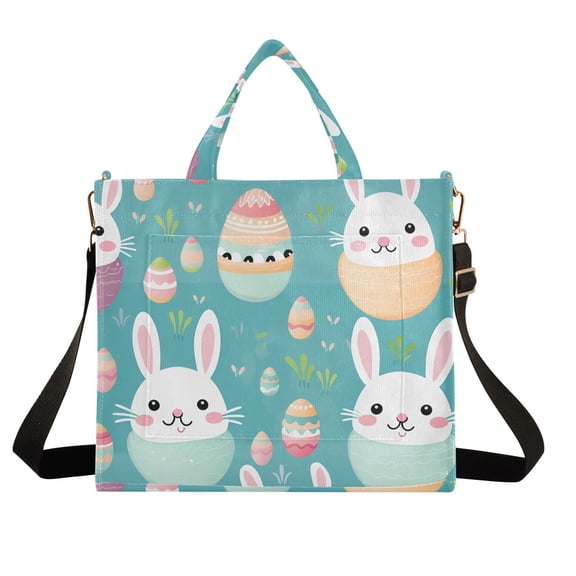 Rabbits Easter Eggs Corduroy Tote Bag Handbag Large Messenger Bag Shoulder Crossbody Zipper Bag Purse