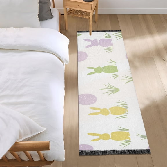 Rabbits Easter Eggs Grass Pastel Color Bedside Runner Rug 2'x 6' Non Slip Carpet Floor Mat Area Rug