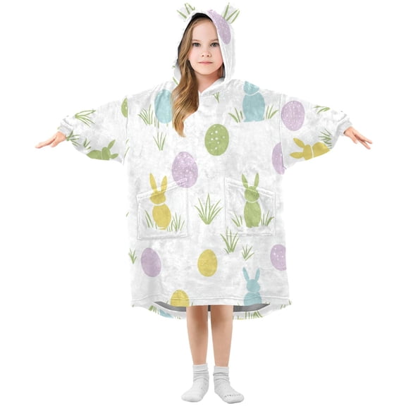 Rabbits Easter Eggs Grass Pastel Color Flannel Wearable Blankets Hooded Design Long Sleeves Wrap Unisex for 3T-14Y S